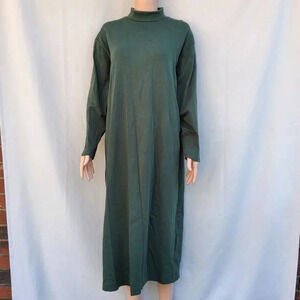 Vintage Lands' End Cotton Women Dress Turtleneck Long Sleeve Dark Green Size XL